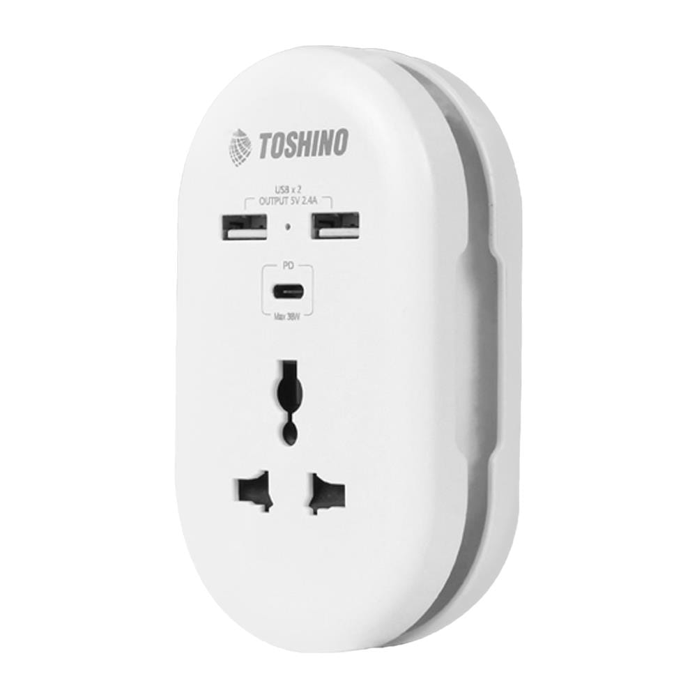 ปลั๊กแปลง 2 ขาแบน 1 ช่อง 2 USB 1PD TOSHINO DE-3UPD สีขาว