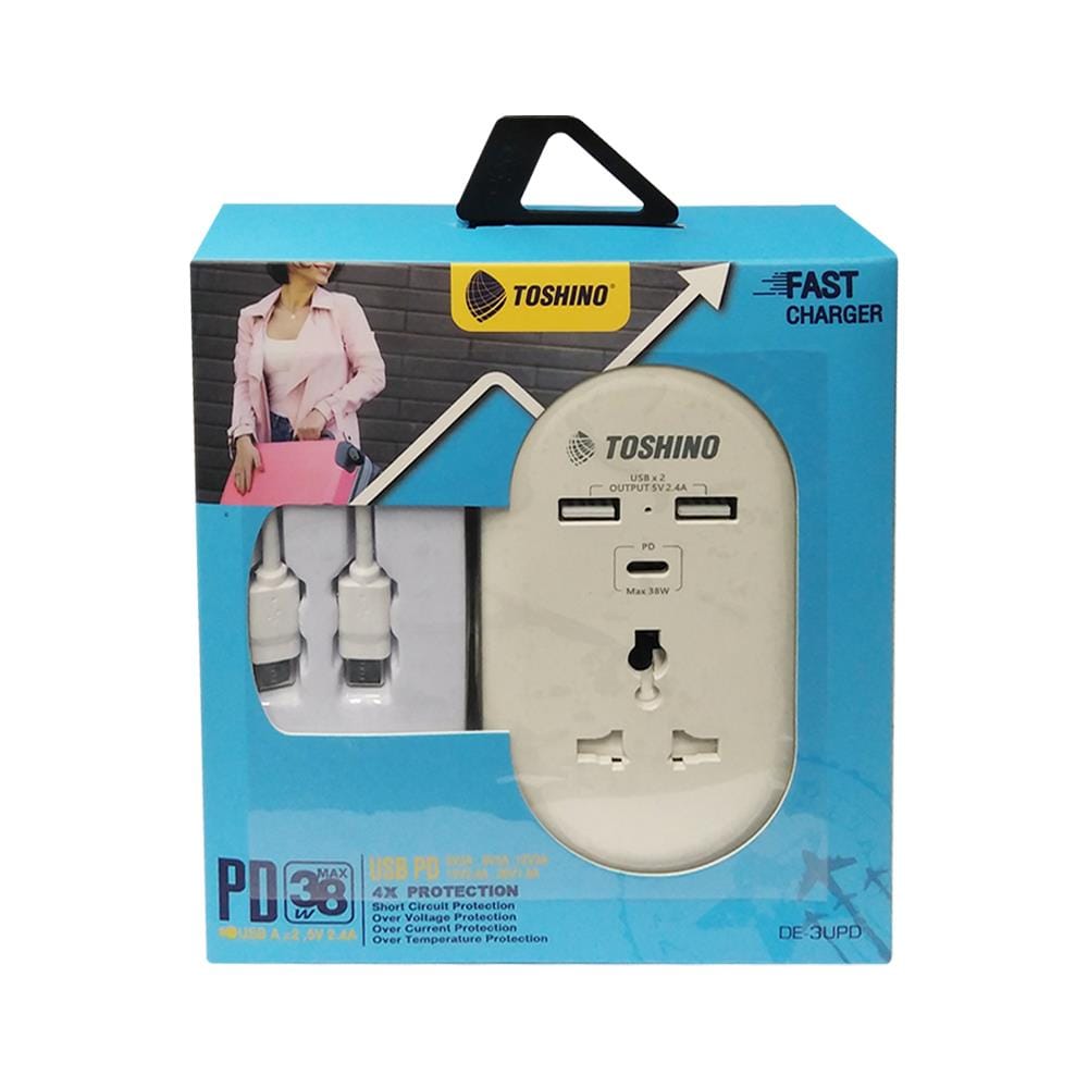 ปลั๊กแปลง 2 ขาแบน 1 ช่อง 2 USB 1PD TOSHINO DE-3UPD สีขาว