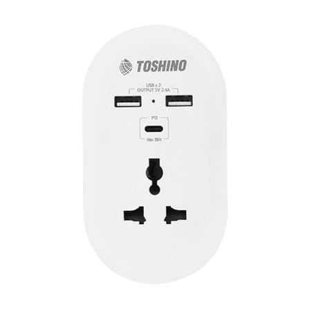 ปลั๊กแปลง 2 ขาแบน 1 ช่อง 2 USB 1PD TOSHINO DE-3UPD สีขาว_0