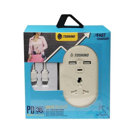 ปลั๊กแปลง 2 ขาแบน 1 ช่อง 2 USB 1PD TOSHINO DE-3UPD สีขาว_2