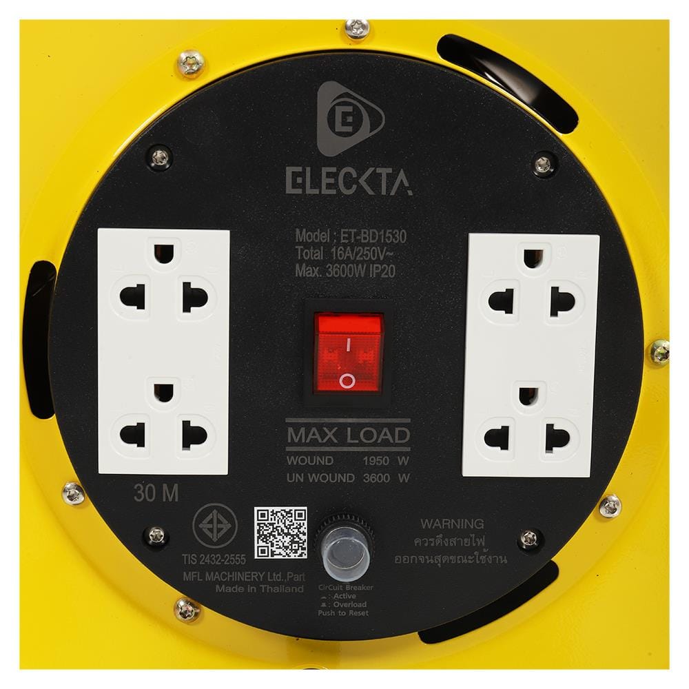 ล้อเก็บสายไฟ 4 ช่อง ELECKTA ET-BD1530 3600 วัตต์ 30 เมตร เหลือง