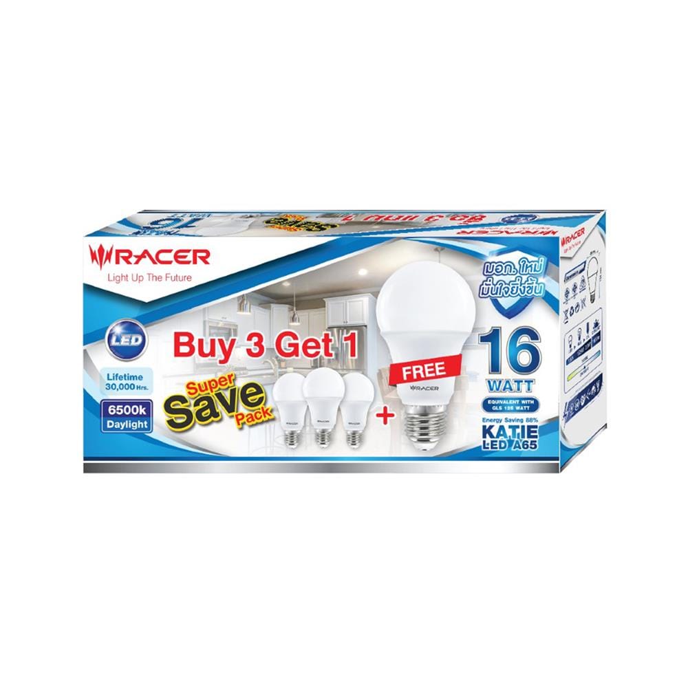 หลอด LED RACER A65 KATIE 16 วัตต์ DAYLIGHT E27 (แพ็ก 4 ชิ้น)