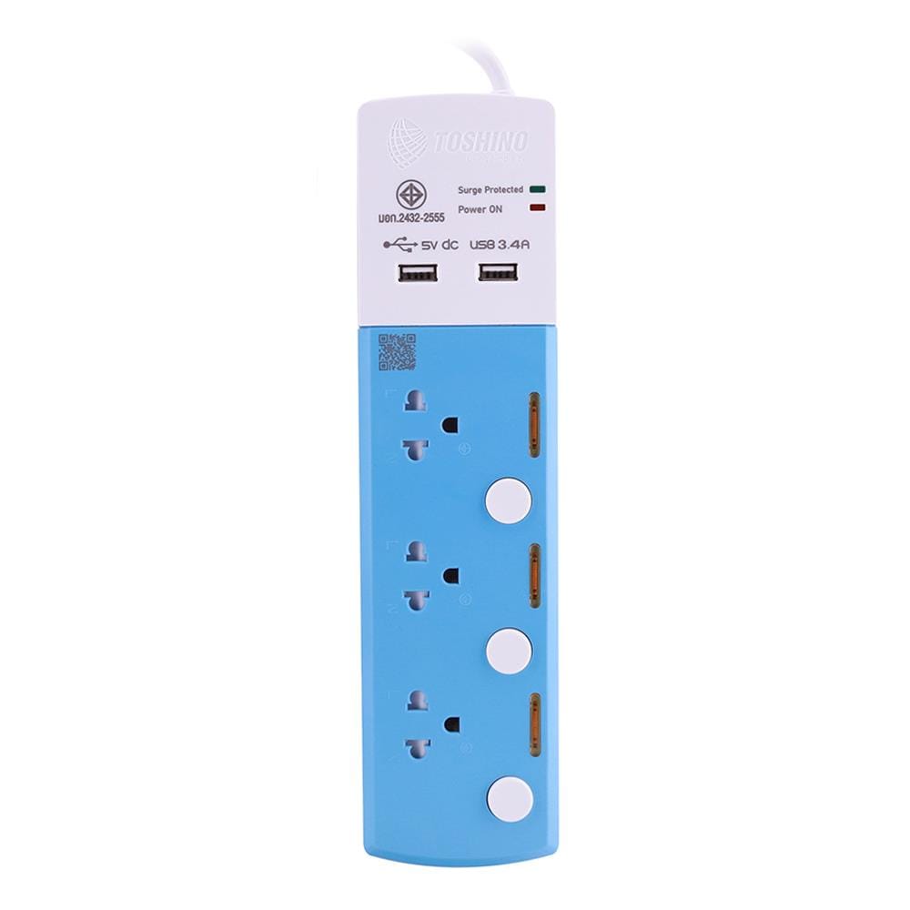 รางปลั๊กไฟ 3 ช่อง 3 สวิตช์ 2 USB TOSHINO TSP-3T 3 ม.