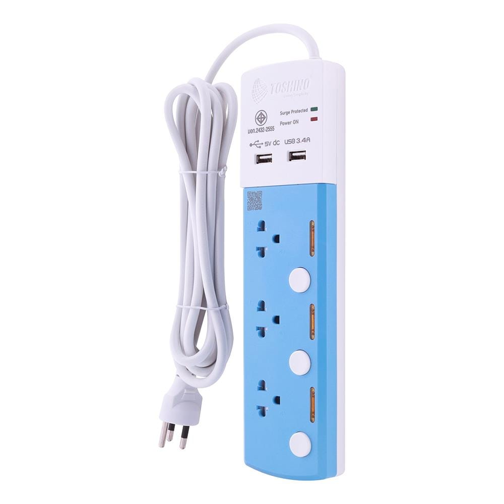รางปลั๊กไฟ 3 ช่อง 3 สวิตช์ 2 USB TOSHINO TSP-3T 3 ม.
