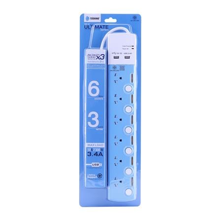 รางปลั๊กไฟ 6 ช่อง 6 สวิตช์ 2 USB TOSHINO TSP-6T 3 ม._3