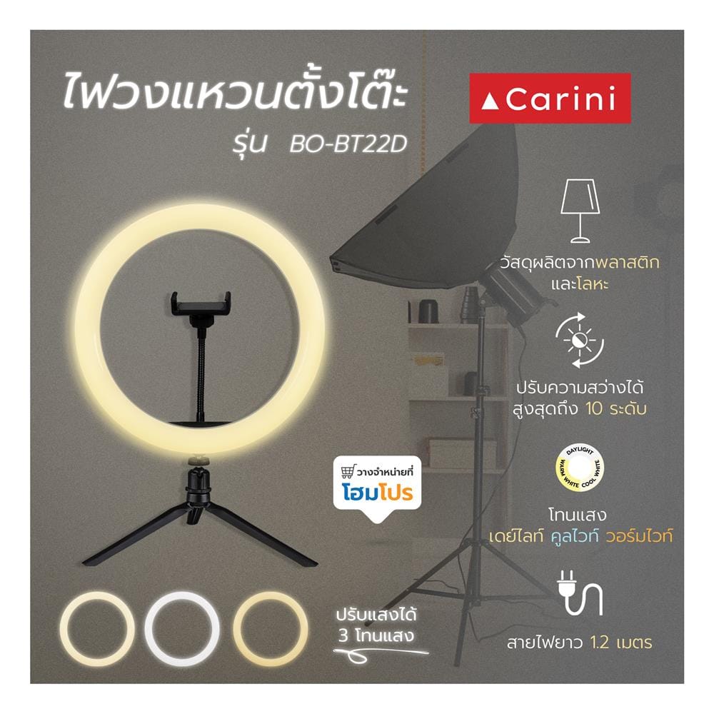 ไฟวงแหวน ตั้งโต๊ะ LED CARINI BO-BT22D สีขาว/ดำ