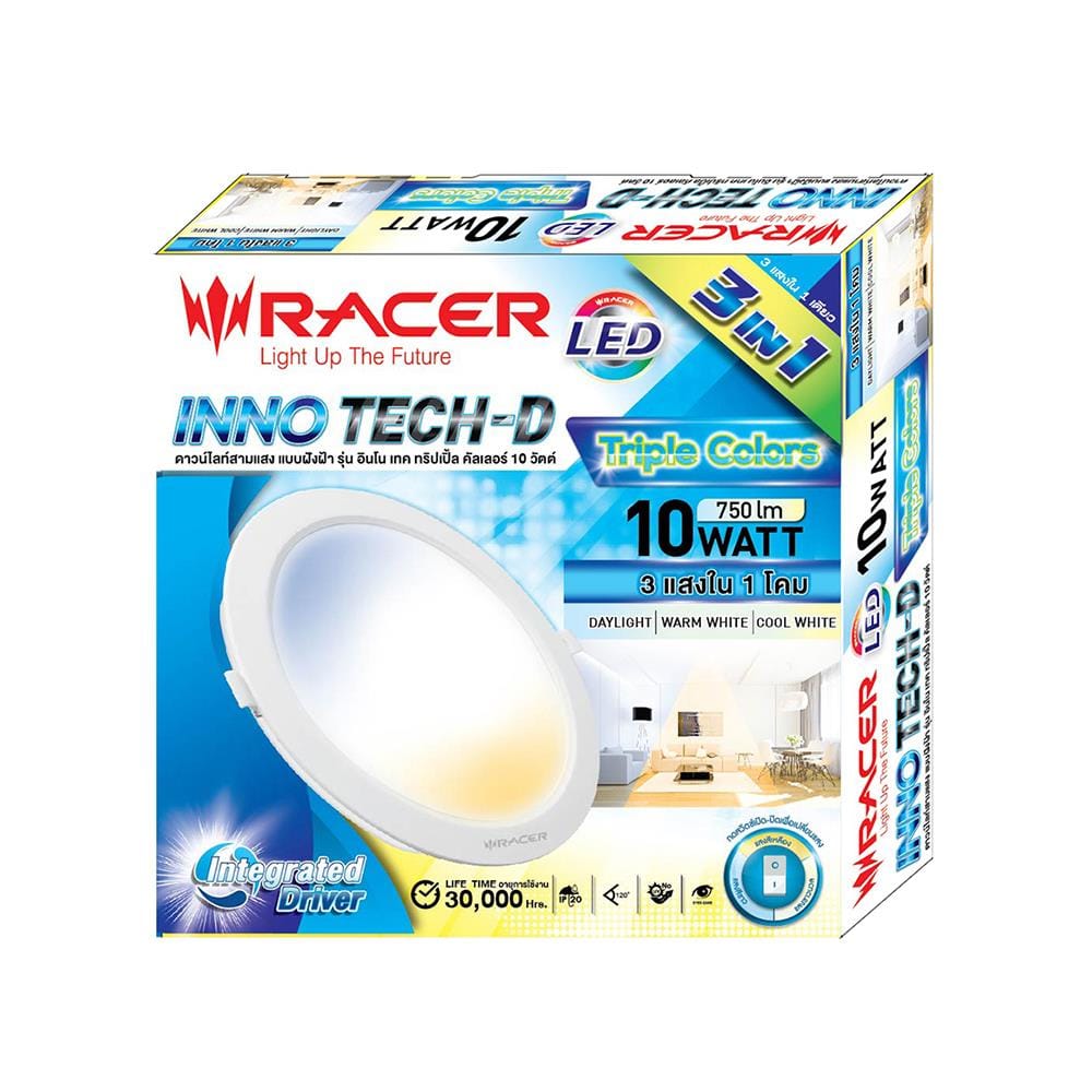 ดาวน์ไลท์ LED RACER INNO TECH-D 4 นิ้ว 10 วัตต์ DAYLIGHT/COOL WHITE/WARM WHITE สีขาว