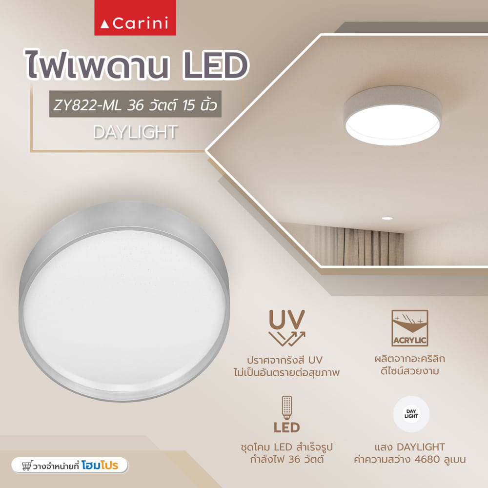 ไฟเพดาน LED CARINI ZY822-ML 15 นิ้ว 36 วัตต์ DAYLIGHT สีขาว/เทา
