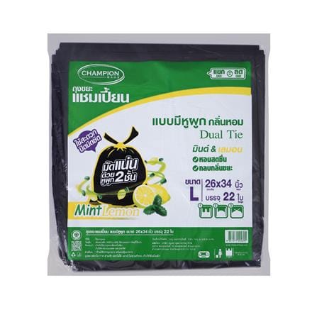ถุงขยะหูผูก CHAMPION 26X34 นิ้ว 22 ใบ สีดำ มินต์และเลมอน_0