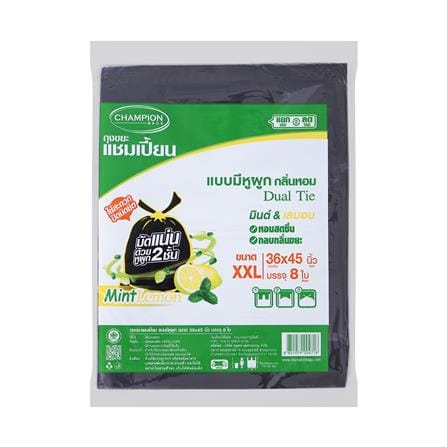 ถุงขยะหูผูก CHAMPION 36X45 นิ้ว 8 ใบ สีดำ มินต์และเลมอน_0