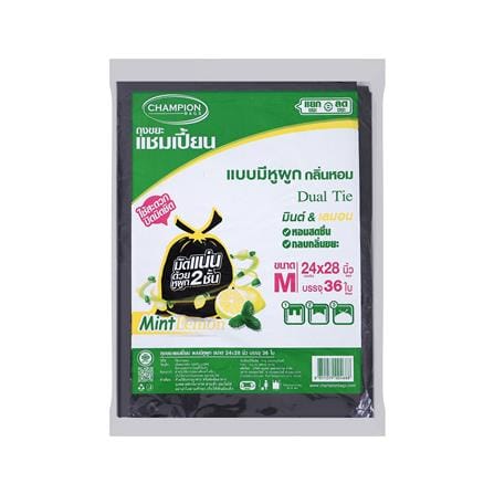 ถุงขยะหูผูก CHAMPION 24X28 นิ้ว 36 ใบ สีดำ มินต์และเลมอน_0