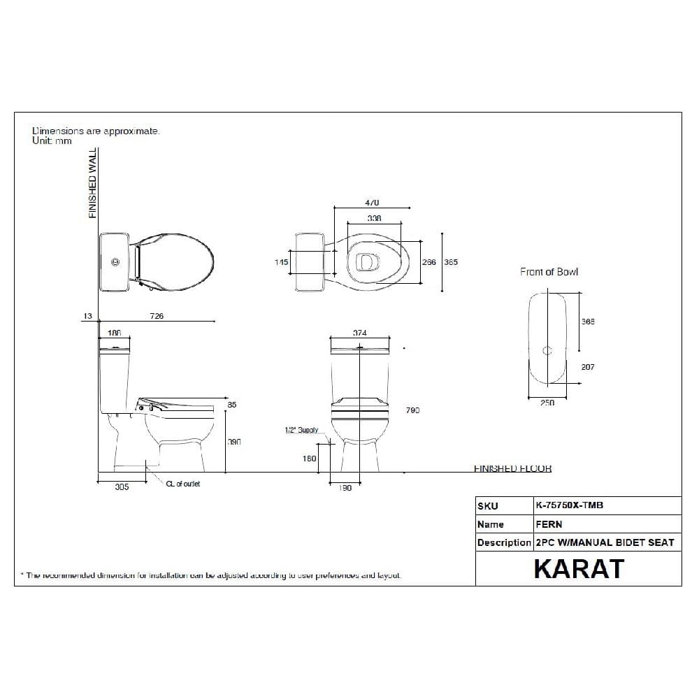 สุขภัณฑ์ 2 ชิ้น KARAT K-75750X-TMB-WK 3/4.5 ลิตร สีขาว