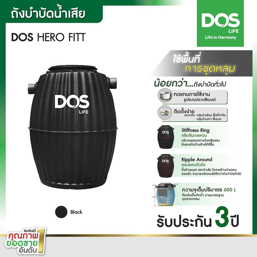 ถังบำบัดน้ำเสีย DOS HERO FIT 600 ลิตร สีดำ