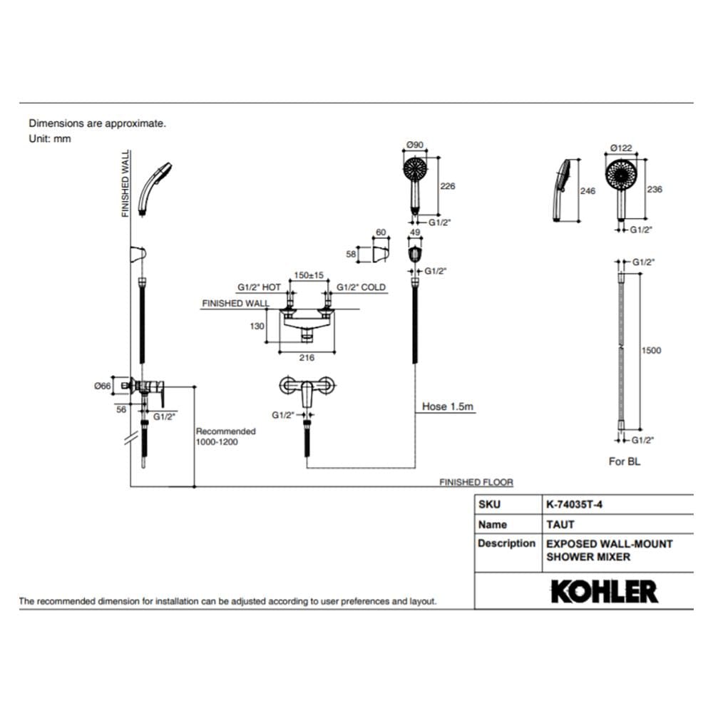 ก๊อกผสมยืนอาบ KOHLER K-74035T-4-BL
