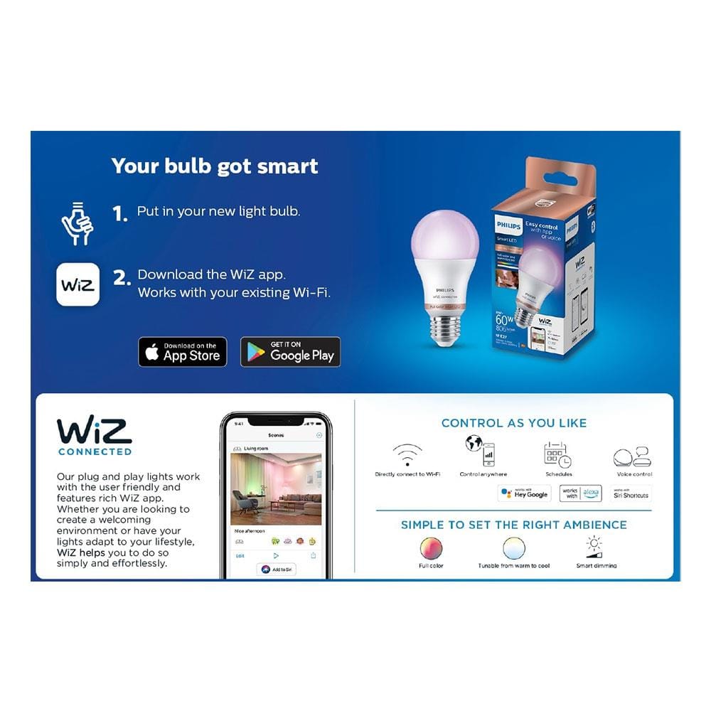 หลอด LED PHILIPS WIZ CONNECTED 8 วัตต์ DAYLIGHT/COOLWHITE/WARMWHITE E27 WIFI BLUETOOTH