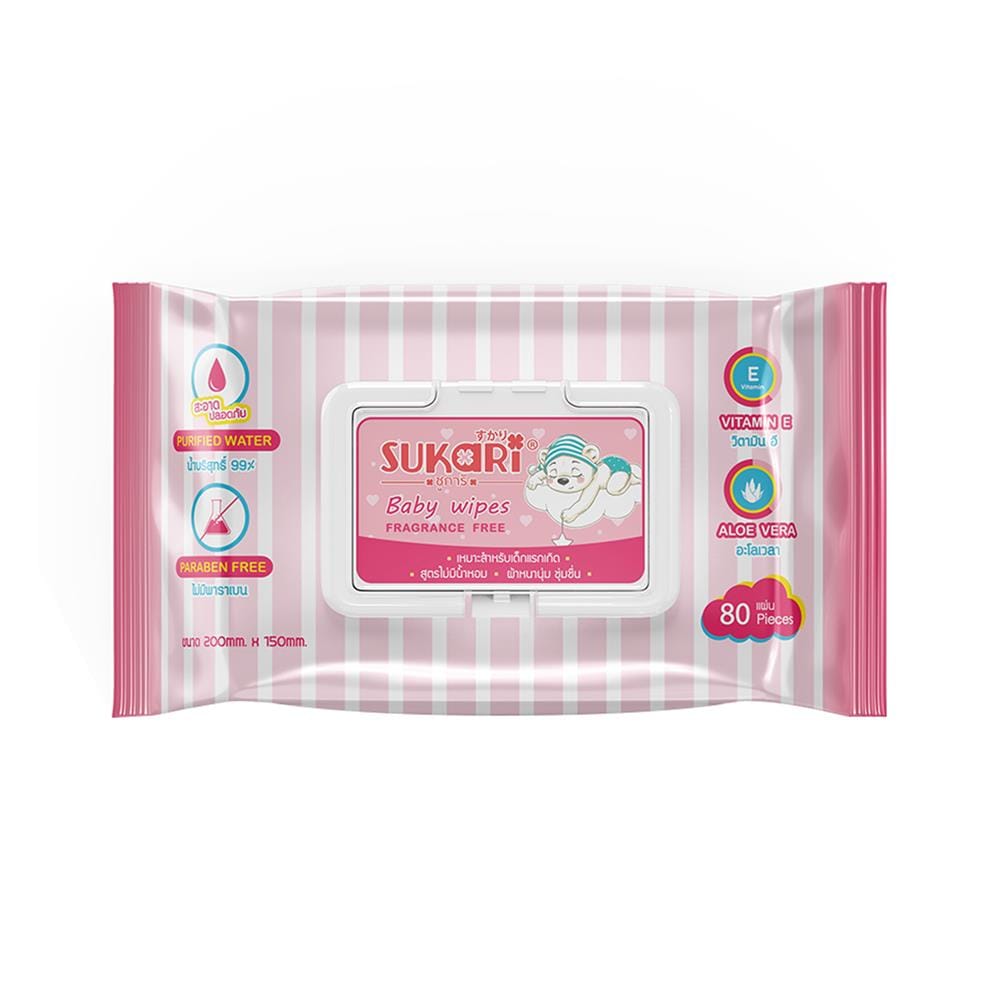 ผ้าเช็ดทำความสะอาด SUKARI BABY WIPES ไม่มีน้ำหอม 80 แผ่น