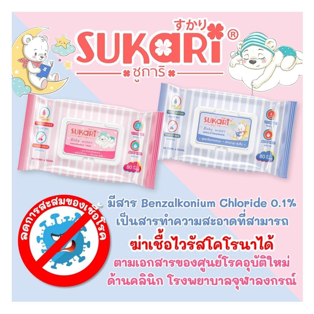ผ้าเช็ดทำความสะอาด SUKARI BABY WIPES ไม่มีน้ำหอม 80 แผ่น