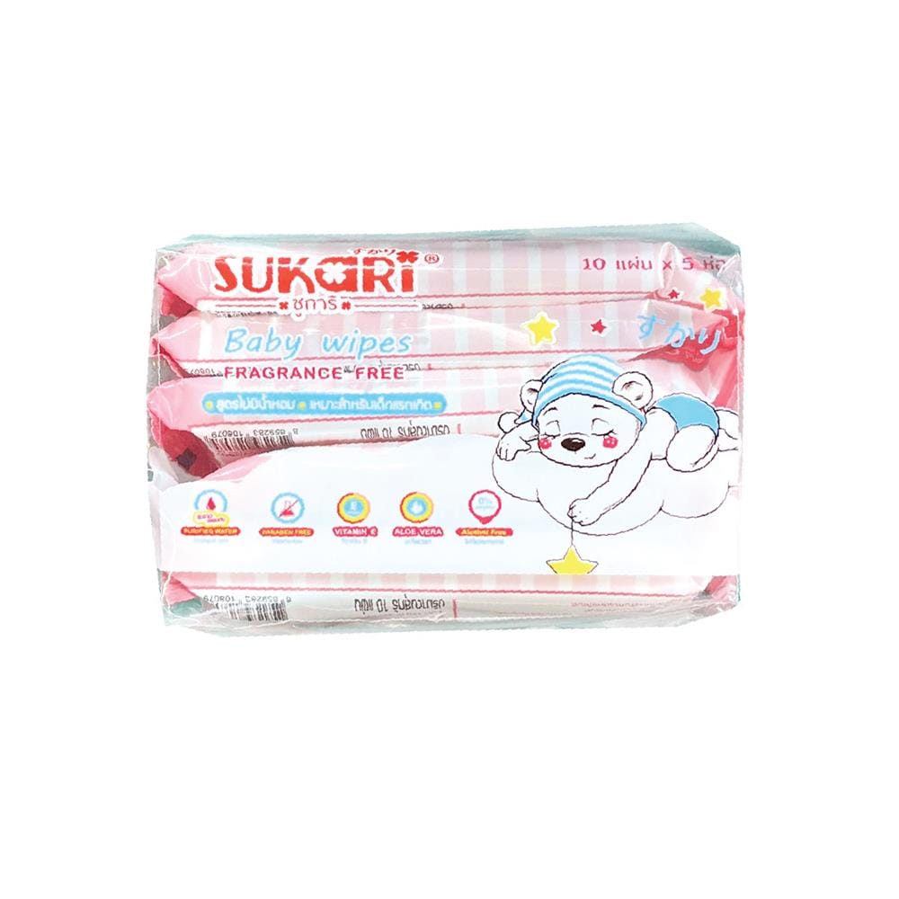ผ้าเช็ดทำความสะอาด SUKARI BABY WIPES ไม่มีน้ำหอม 10 แผ่น (แพ็ก 5 ชิ้น)
