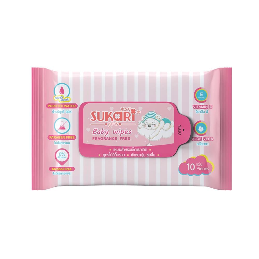 ผ้าเช็ดทำความสะอาด SUKARI BABY WIPES ไม่มีน้ำหอม 10 แผ่น (แพ็ก 5 ชิ้น)