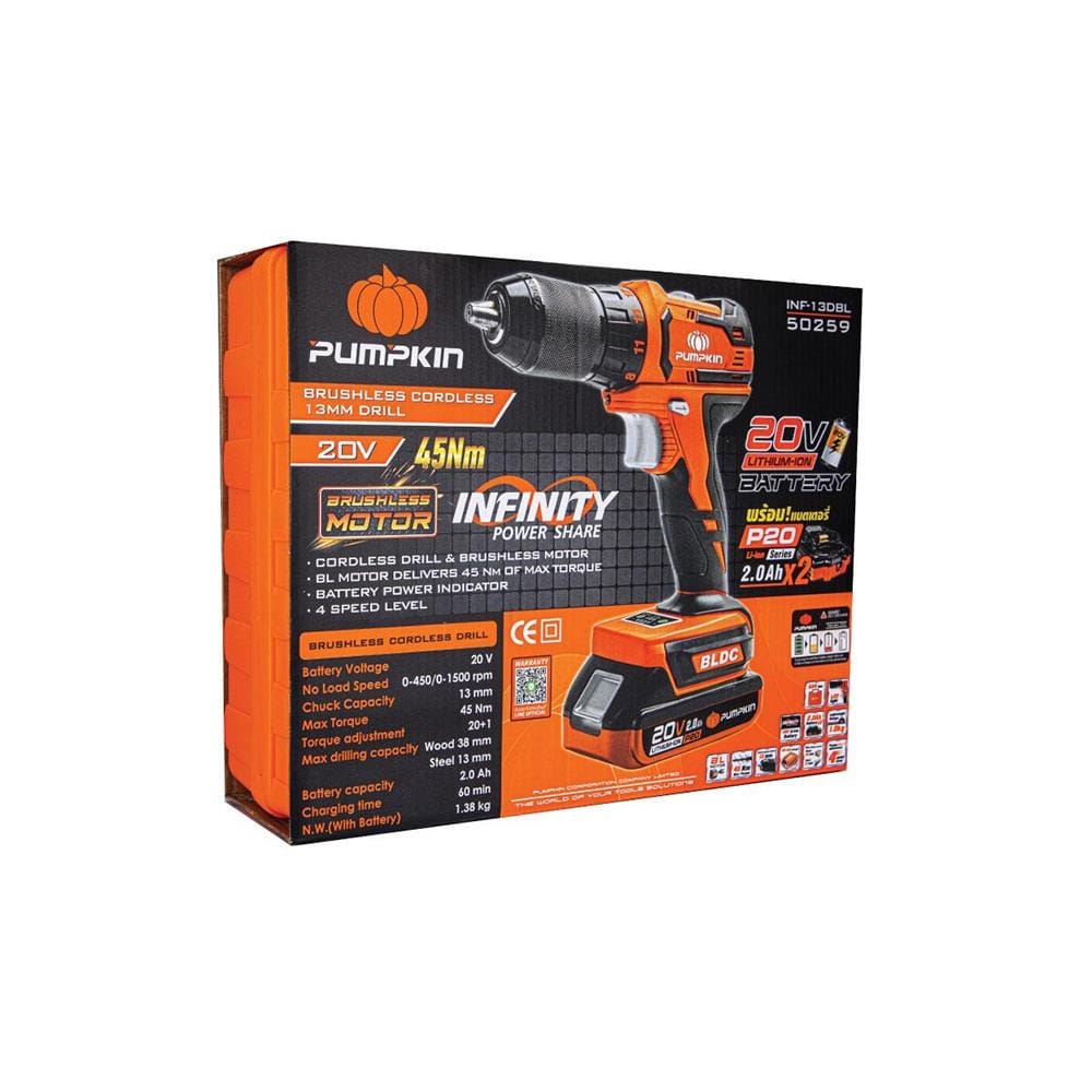 สว่านไร้สาย (พร้อมแบตเตอรี่) PUMPKIN INF-13DBL 50259 20 โวลต์