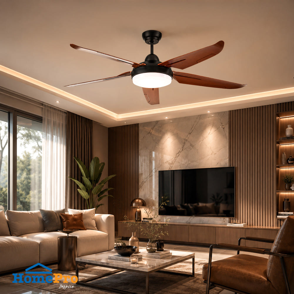 พัดลมโคมไฟ LED CARINI CN552 สีดำ/น้ำตาล 52 นิ้ว 5 ใบพัด 24 วัตต์ DAYLIGHT/COOLWHITE/WARMWHITE