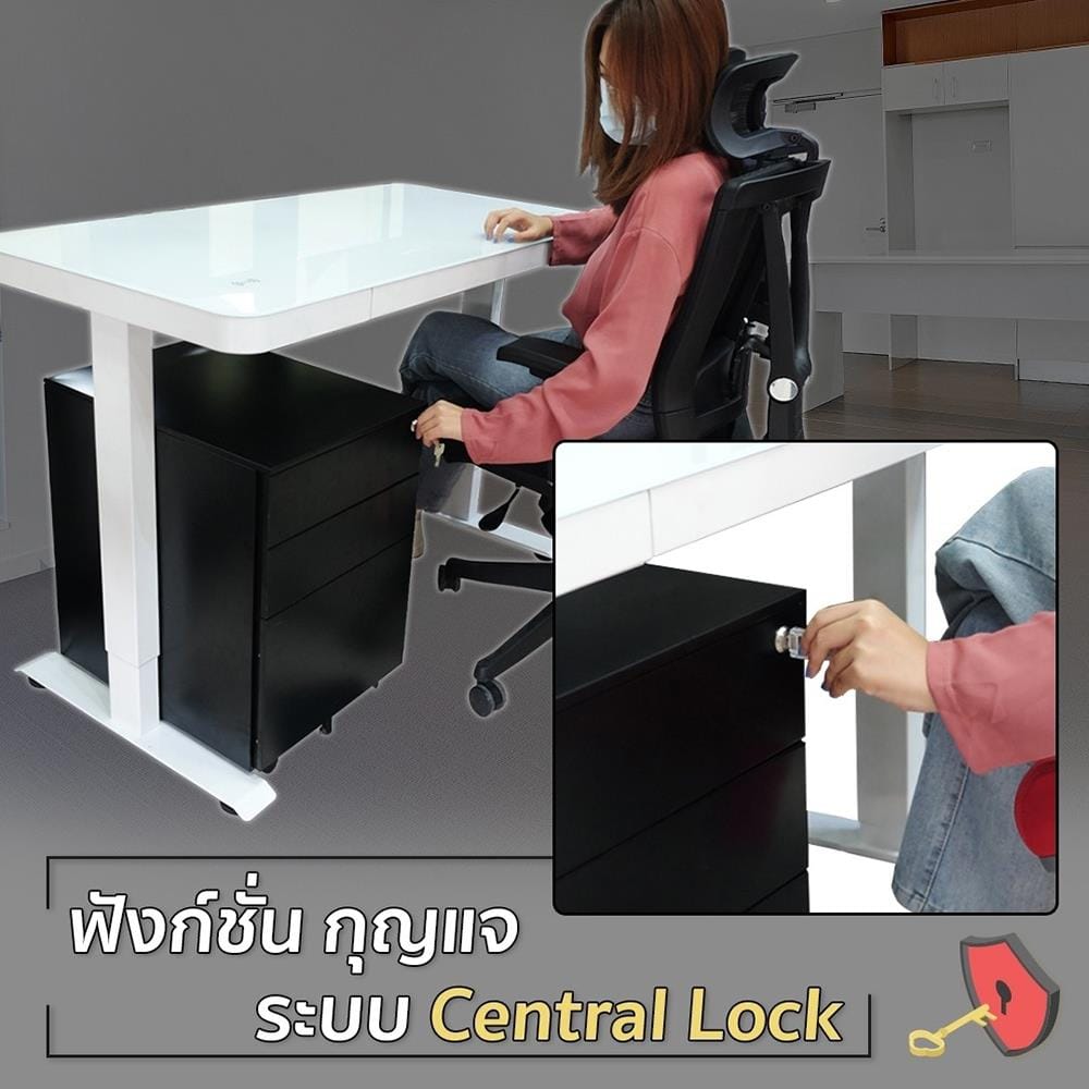 ตู้ลิ้นชักเหล็ก 3 ลิ้นชัก พร้อมเบาะฟ้า DESKSPACE สีดำ/ฟ้า