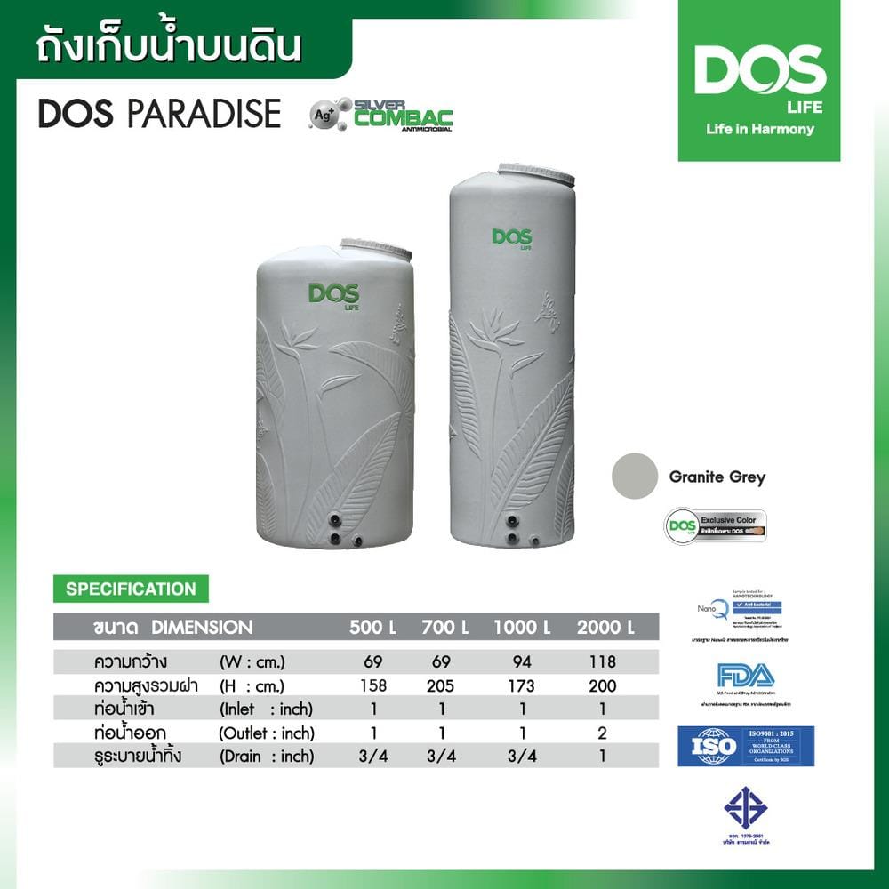 ถังเก็บน้ำ DOS PARADISE DURA FLEX NANO 700 ลิตร สี GRANITE GREY