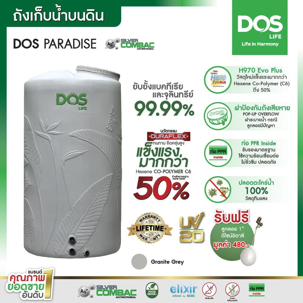 ถังเก็บน้ำ DOS PARADISE DURA FLEX NANO 2000 ลิตร สี GRANITE GREY