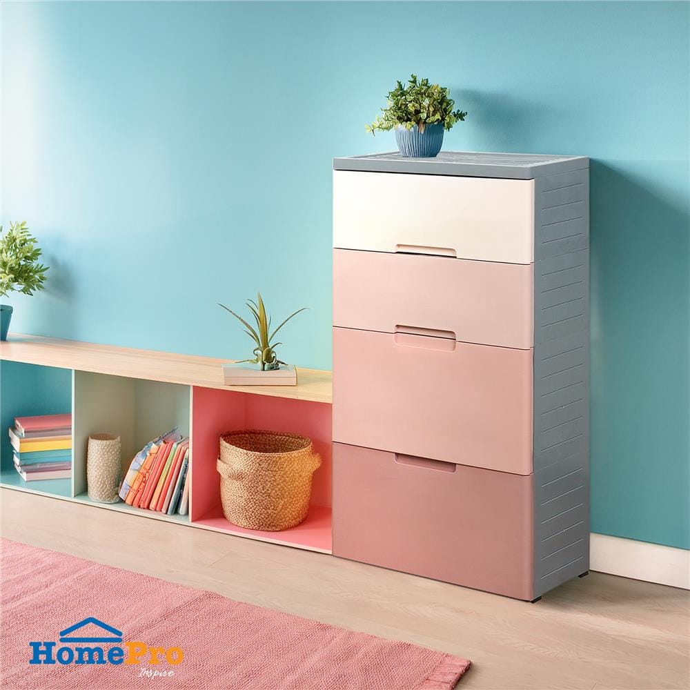 ตู้ลิ้นชัก 4 ชั้น มีล้อ ME LIVING 58x38x109 ซม. สีชมพู