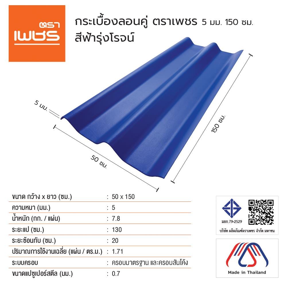 กระเบื้องหลังคา ลอนคู่ ตราเพชร 0.5x50x150 ซม. สีฟ้ารุ่งโรจน์