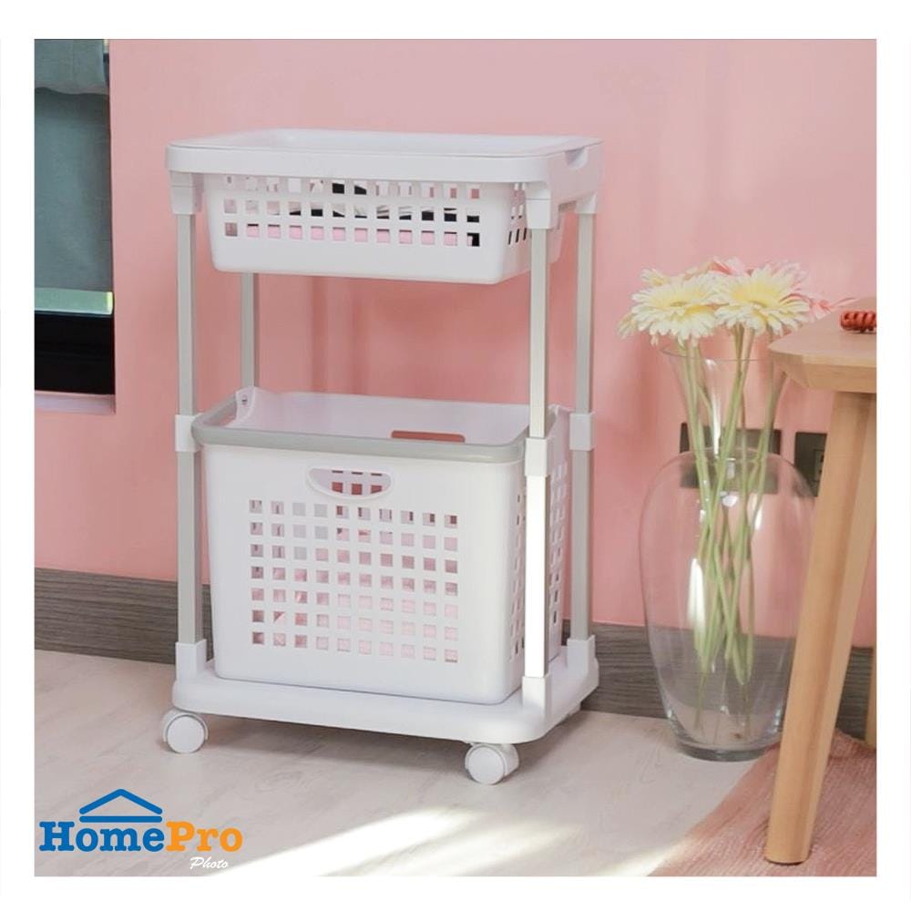 ตะกร้าผ้าเหลี่ยมมีล้อ 2 ชั้น PLIM PW608 สีขาว