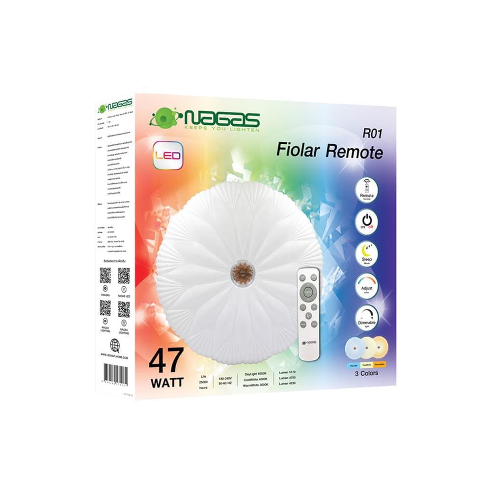 ไฟเพดาน LED NAGAS FIOLAR R01 REMOTE 20 นิ้ว 47 วัตต์ DAYLIGHT/COOL WHITE/WARM WHITE สีขาว