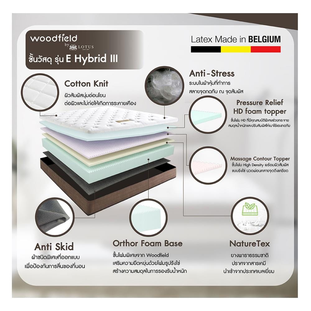 ที่นอนไฮบริด 6 ฟุต สุญญากาศ WOODFIELD รุ่น E-HYBRID III พร้อมหมอนหนุน 2 ชิ้น