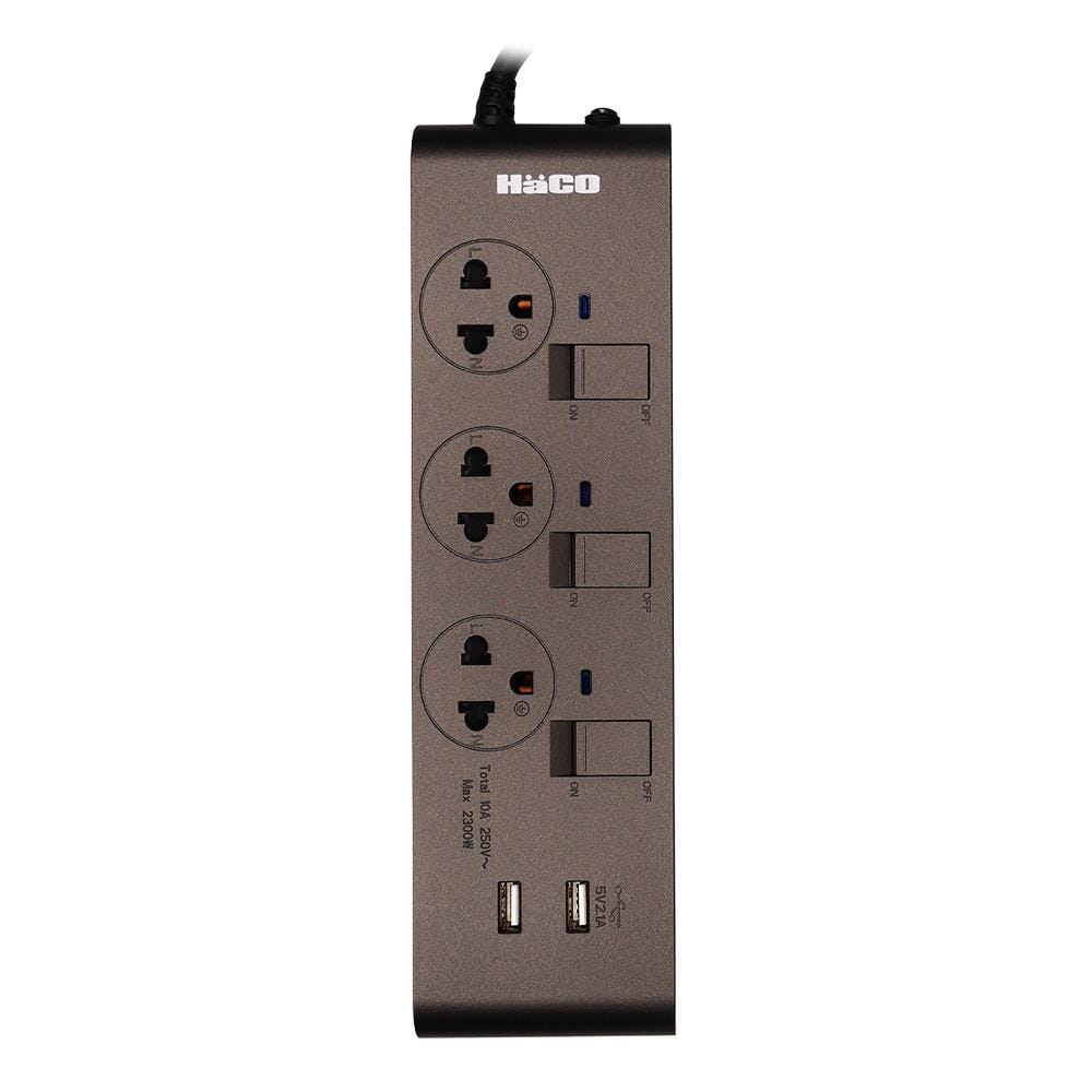 รางปลั๊กไฟ 3 ช่อง 3 สวิตช์ 2 USB HACO-EJ-3S3EBUSB/3-CC 10A 3 ม. สีช็อกโก