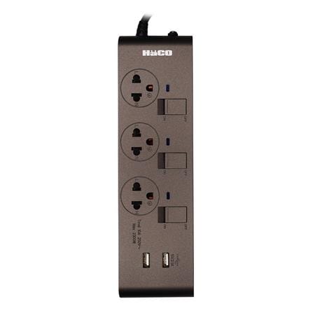 รางปลั๊กไฟ 3 ช่อง 3 สวิตช์ 2 USB HACO-EJ-3S3EBUSB/3-CC 10A 3 ม. สีช็อกโก_0
