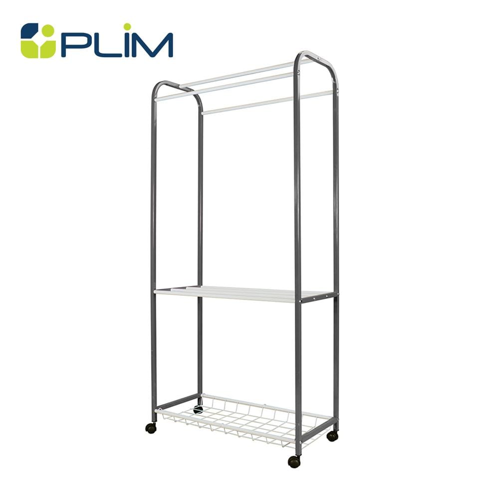 ราวตากผ้ามีล้อ 2 ชั้น พร้อมตะแกรงวางของ PLIM 80 ซม. สีเทา/ขาว