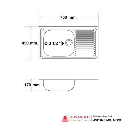 ซิงค์ฝัง 1 หลุม 1 ที่พัก ADVANCED AVP 075MB/C สีเงิน_3
