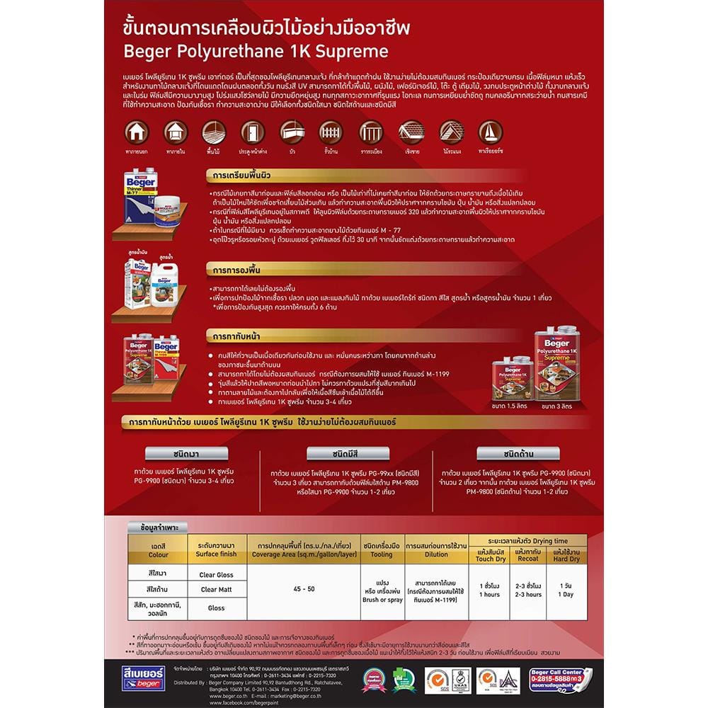 โพลียูรีเทนภายนอก BEGER 1K SUPREME OUTDOOR PG9903 สีไม้สัก 1.5 ลิตร