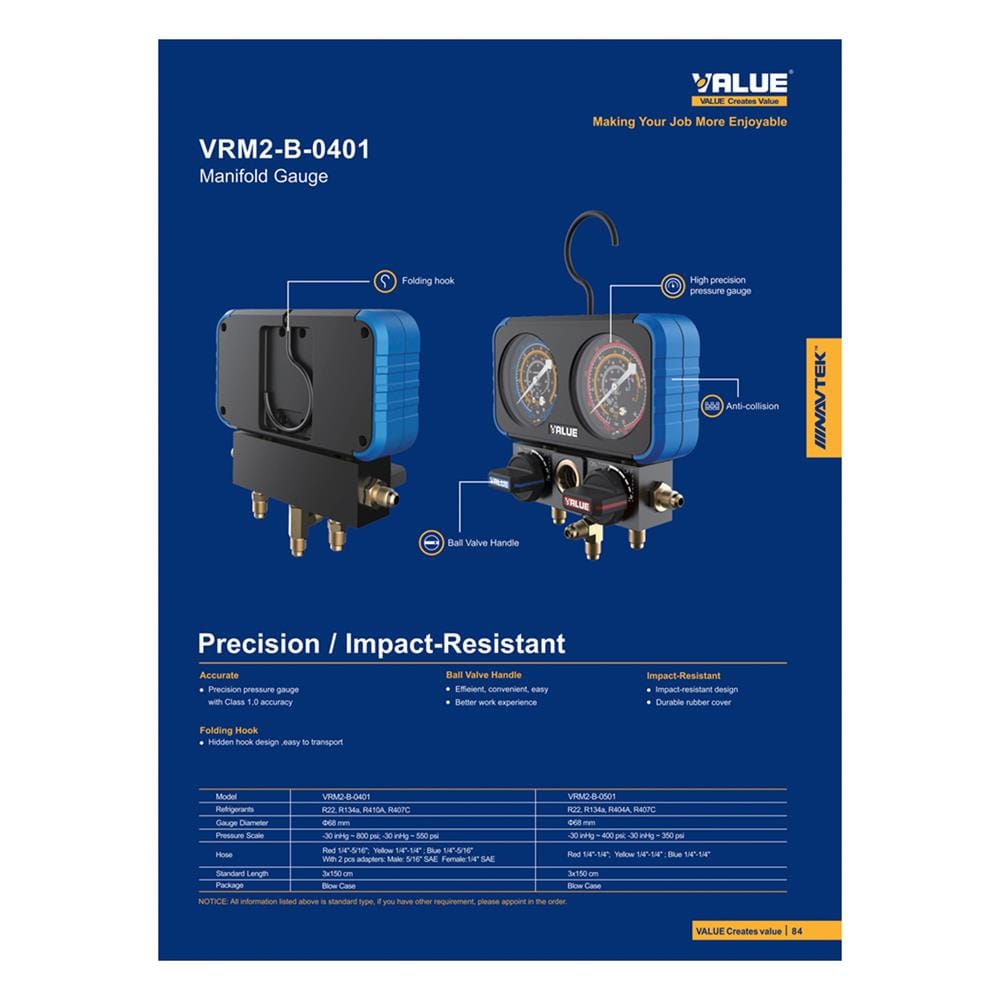 เกจ์วัดน้ำยา R410A พร้อมสาย VALUE NAVTEK VRM2-B-0401