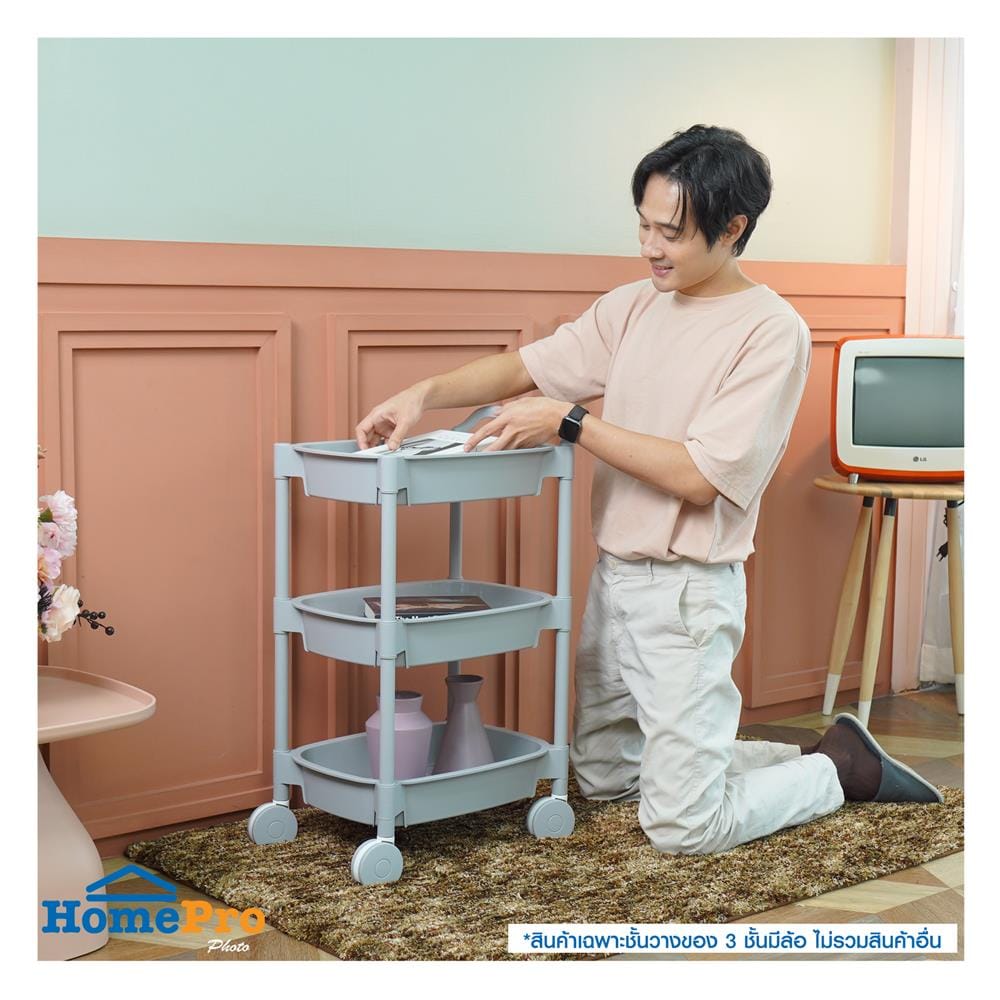 ชั้นวางของ 3 ชั้น มีล้อ STACKO 49.8x33x81 ซม. สีเทา