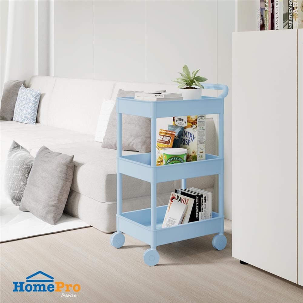 ชั้นวางของ 3 ชั้น มีล้อ STACKO 51.8x34.5x89.8 ซม. สีฟ้า