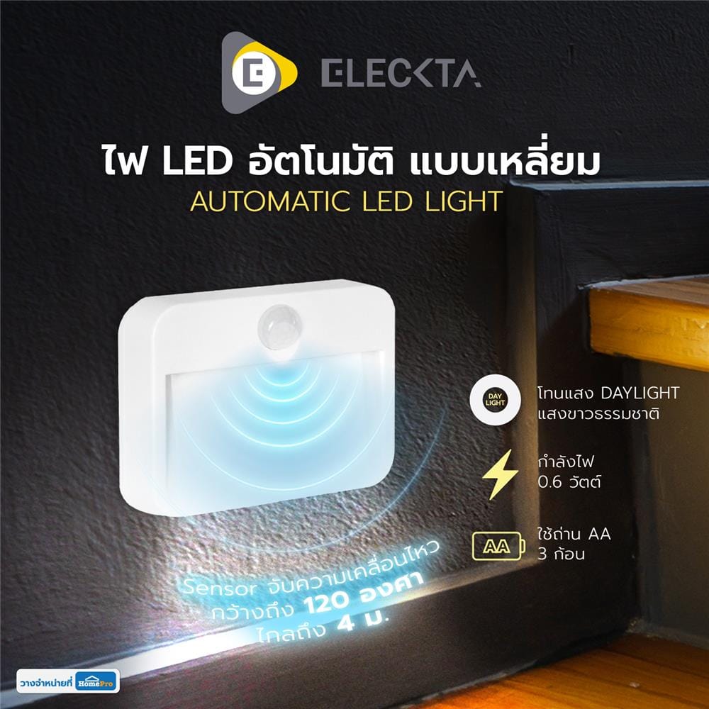 ไฟ LED อัตโนมัติ แบบเหลี่ยม ELECKTA 0.6 วัตต์ แสงขาว