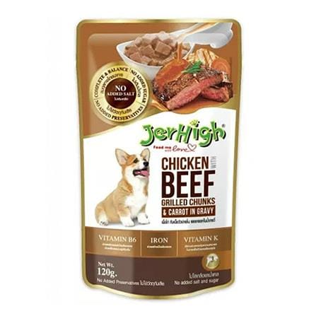 อาหารเปียกสุนัข JERHIGH CHICKEN WITH BEEF GRILLED CHUNKS AND CARROT IN GRAVY 120 ก.