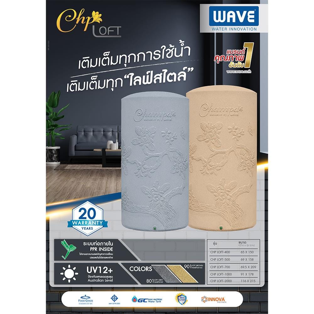 ถังเก็บน้ำ WAVE CHP LOFT 700 ลิตร สี LOFT GREY
