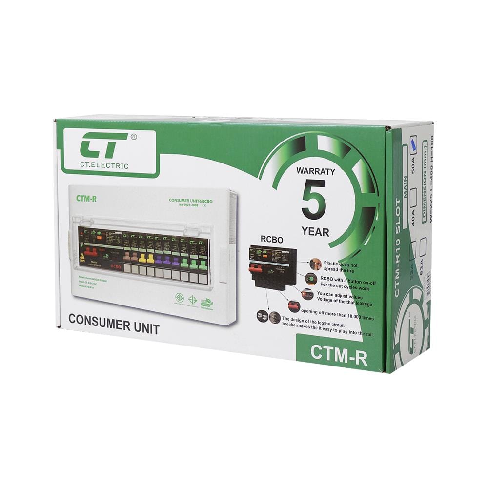 ชุดตู้คอนซูมเมอร์ยูนิต 10 ช่อง 50 แอมป์ พร้อมกันไฟรั่ว/ไฟดูด CT ELECTRIC