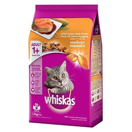 อาหารแมว WHISKAS พ็อกเก็ต แมวโต รสสเต๊กปลาแซลมอนย่าง 1.2 กก._0