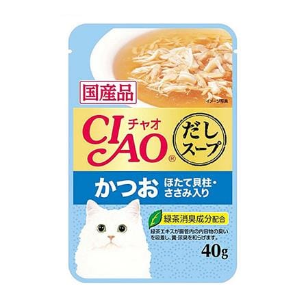 อาหารเปียกแมว CIAO SOUP TUNA (KATSUO) AND SCALLOP TOPPING CHICKEN FILLET 40 ก.