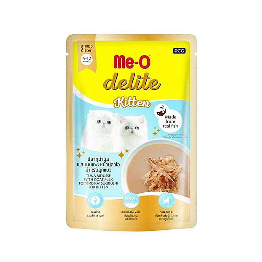 อาหารเปียกแมว MEO DELITE KITTEN ปลาทูน่ามูส ผสมนมแพะ หน้าปลาโอ 70 ก.