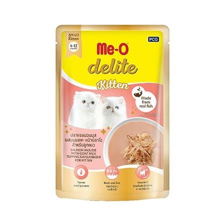 อาหารเปียกแมว MEO DELITE KITTEN ปลาแซลมอนมูส ผสมนมแพะ หน้าปลาโอ 70 ก.