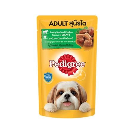 อาหารเปียกสุนัข PEDIGREE ADULT รสเนื้อวัวรมควันและไก่น้ำเกรวี่ 130 ก.